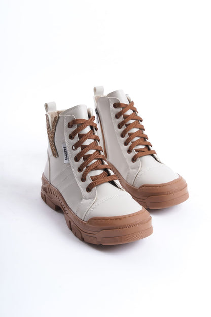 AMBER Lace-Up Zippered Orthopedic Sole Women's Boots - Cream Tan