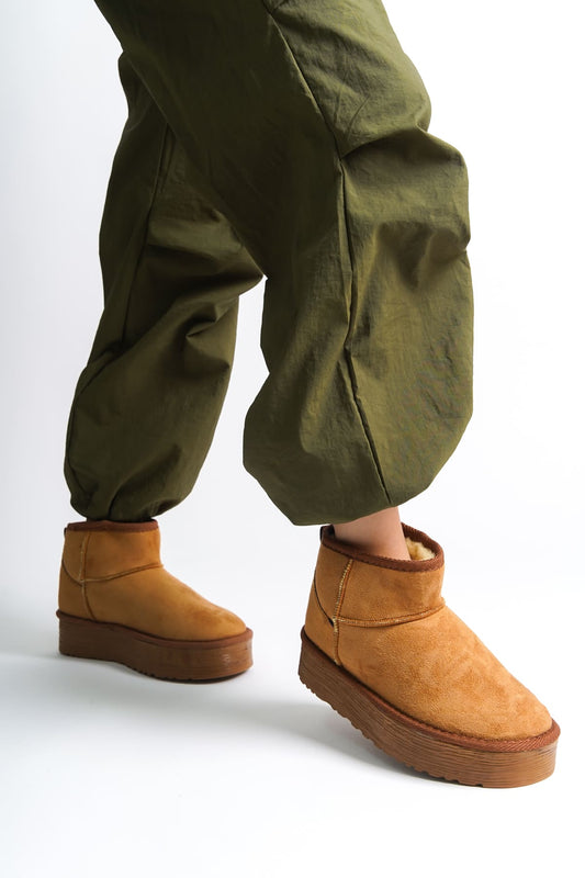 AMELIA Laceless Thick Sole Fur Lined Short Women's Boots - Suede Tan 