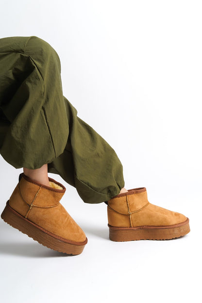 AMELIA Laceless Thick Sole Fur Lined Short Women's Boots - Suede Tan 
