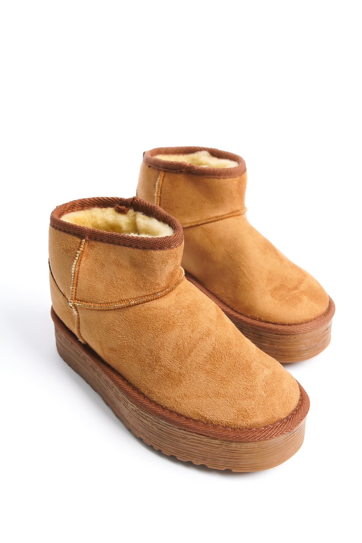 AMELIA Laceless Thick Sole Fur Lined Short Women's Boots - Suede Tan 