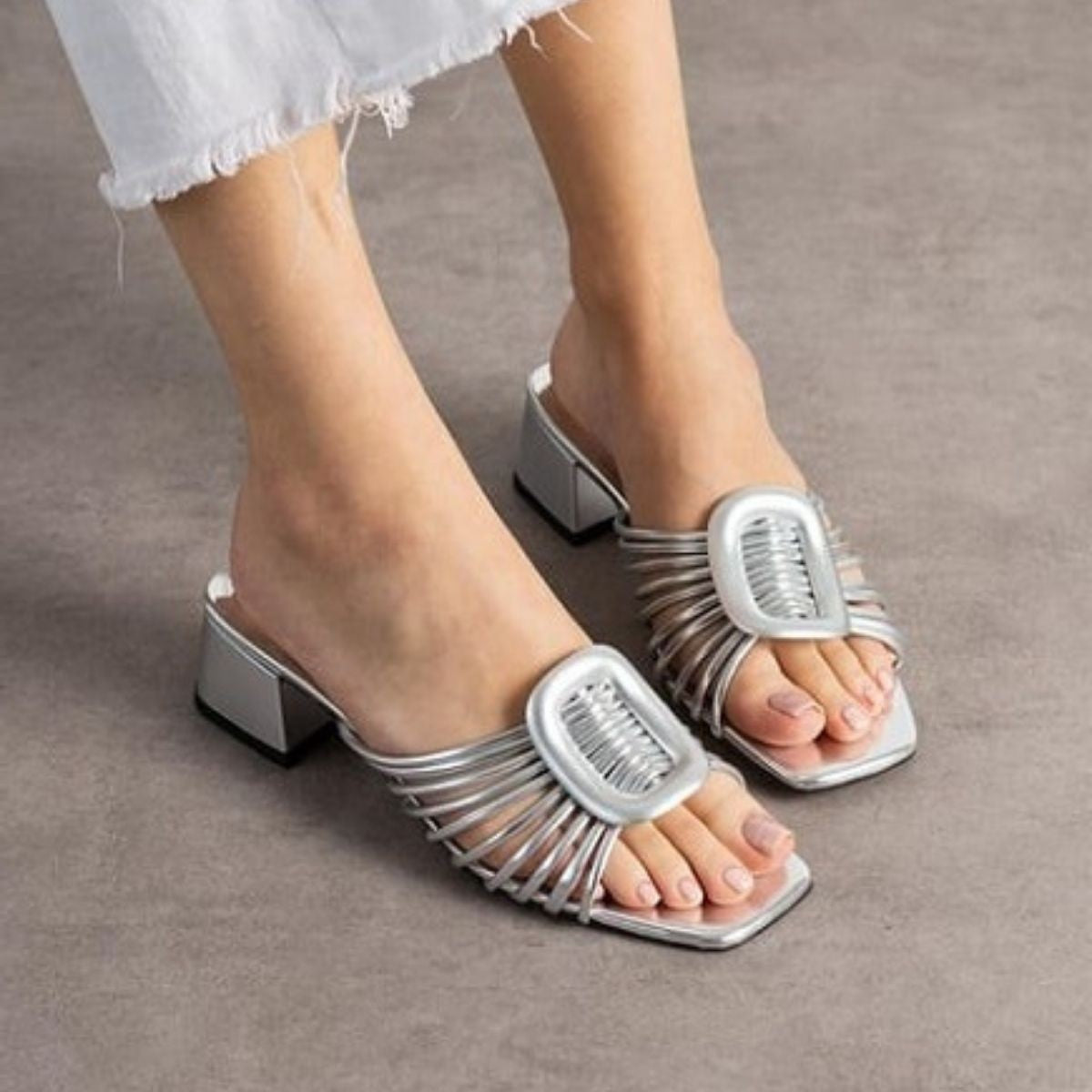 Anca Silver Patent Leather Stone Detailed Heeled Slippers