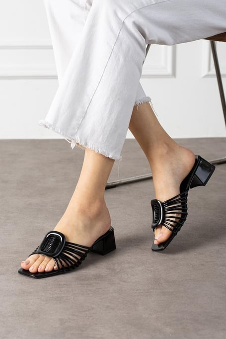 Anca Black Patent Leather Stone Detailed Heeled Slippers
