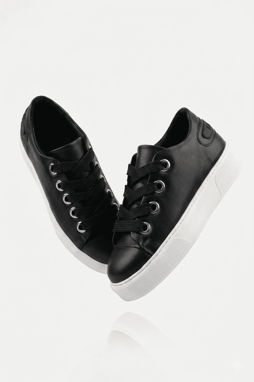 Anjelino Premium Kalın Taban Bağcıklı Erkek Sneaker Siyah Beyaz