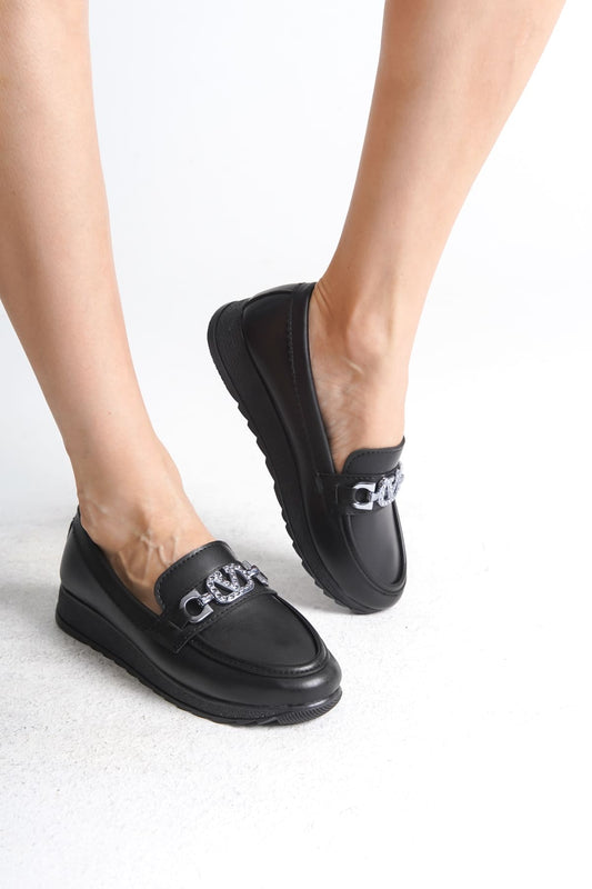 ANNA Orthopedic Comfortable Sole Buckle Detailed Classic Women's Ballerinas Black Mother's Shoes 