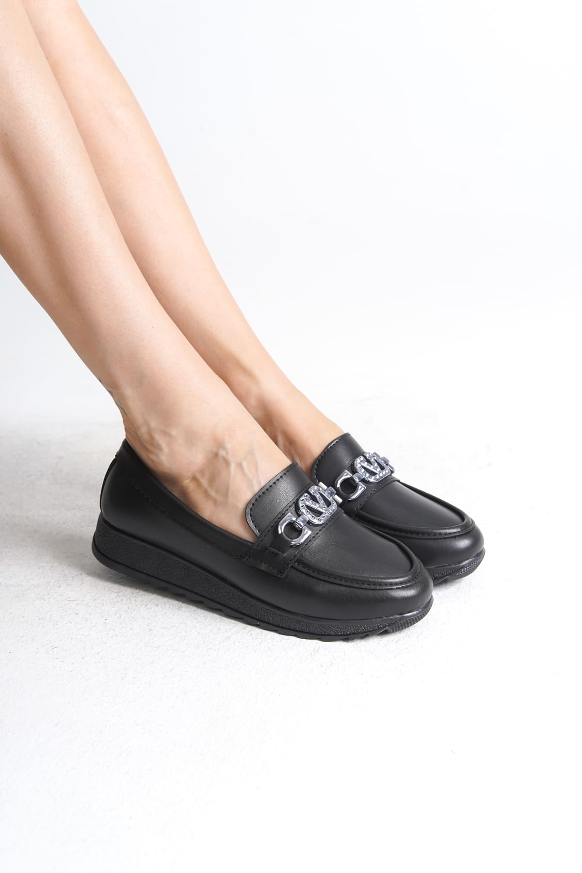 ANNA Orthopedic Comfortable Sole Buckle Detailed Classic Women's Ballerinas Black Mother's Shoes 