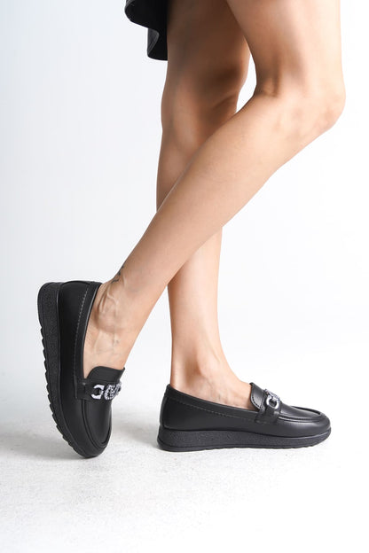ANNA Orthopedic Comfortable Sole Buckle Detailed Classic Women's Ballerinas Black Mother's Shoes 