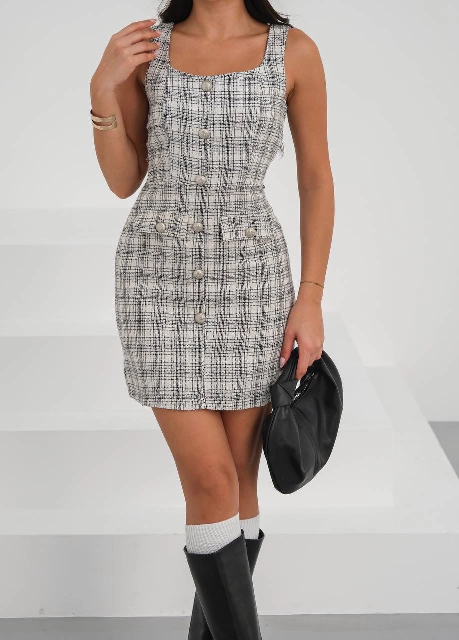 Askılı ch kumaş Düğmeli Kısa Elbise Gri Beyaz