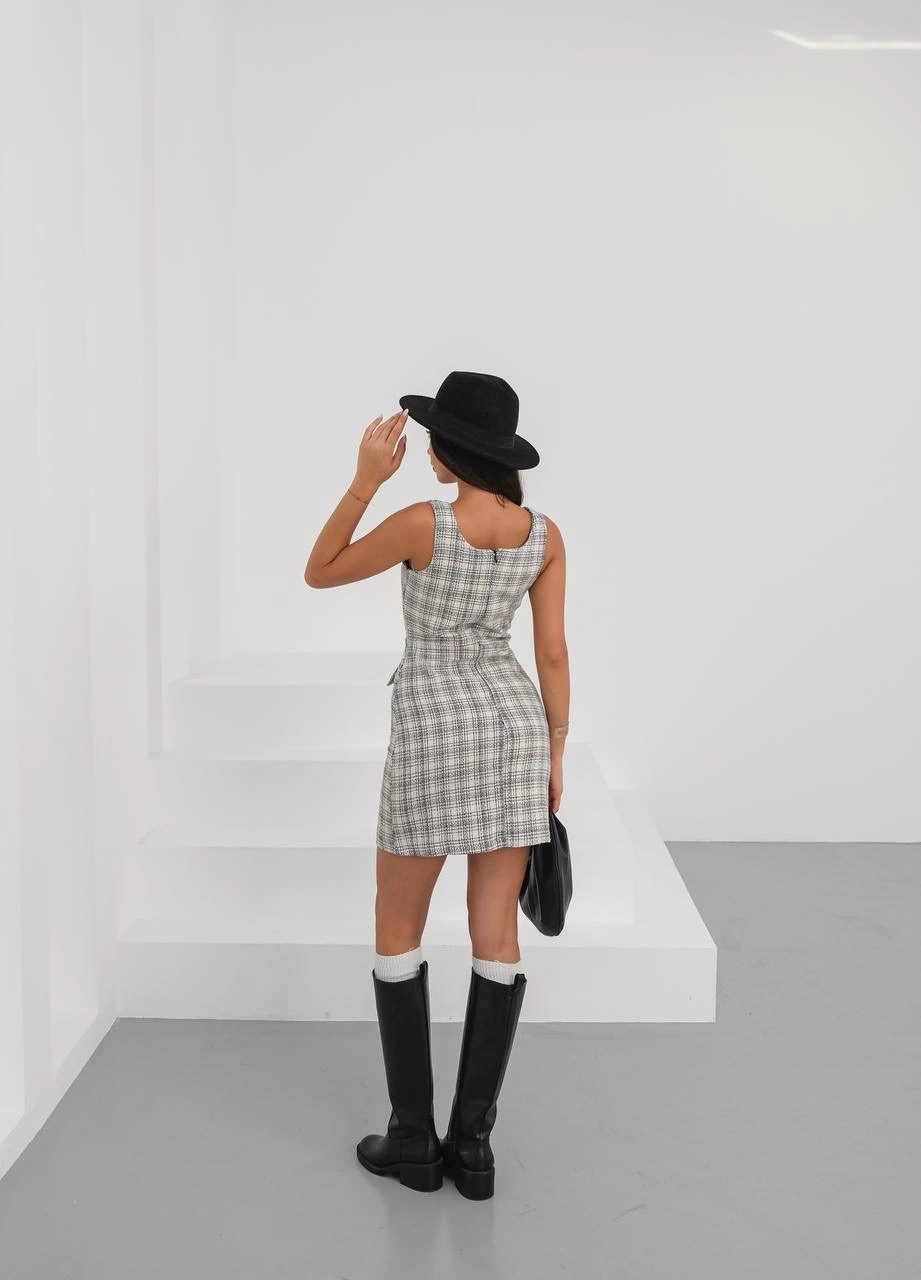 Askılı ch kumaş Düğmeli Kısa Elbise Gri Beyaz