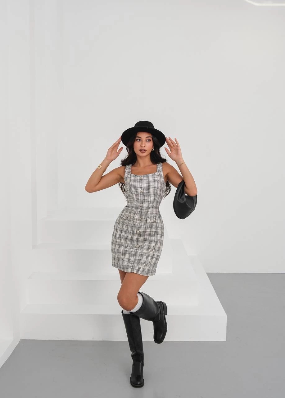 Askılı ch kumaş Düğmeli Kısa Elbise Gri Beyaz