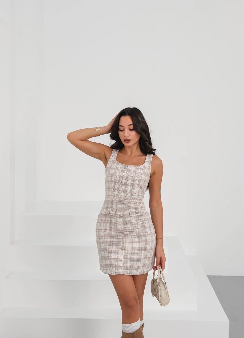 Askılı ch kumaş Düğmeli Kısa Elbise Pudra Beyaz