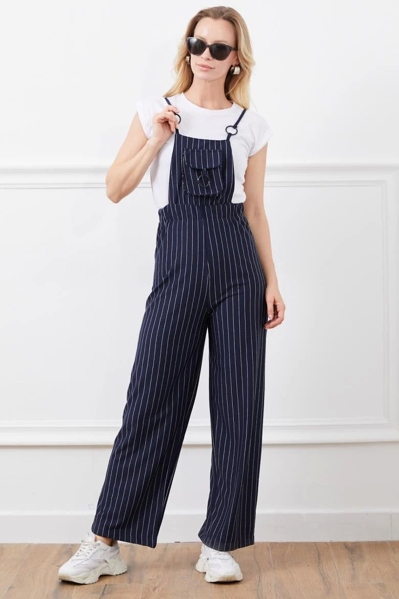 Elastic Waist Jumpsuit with Suspender Rope and Navy Blue
