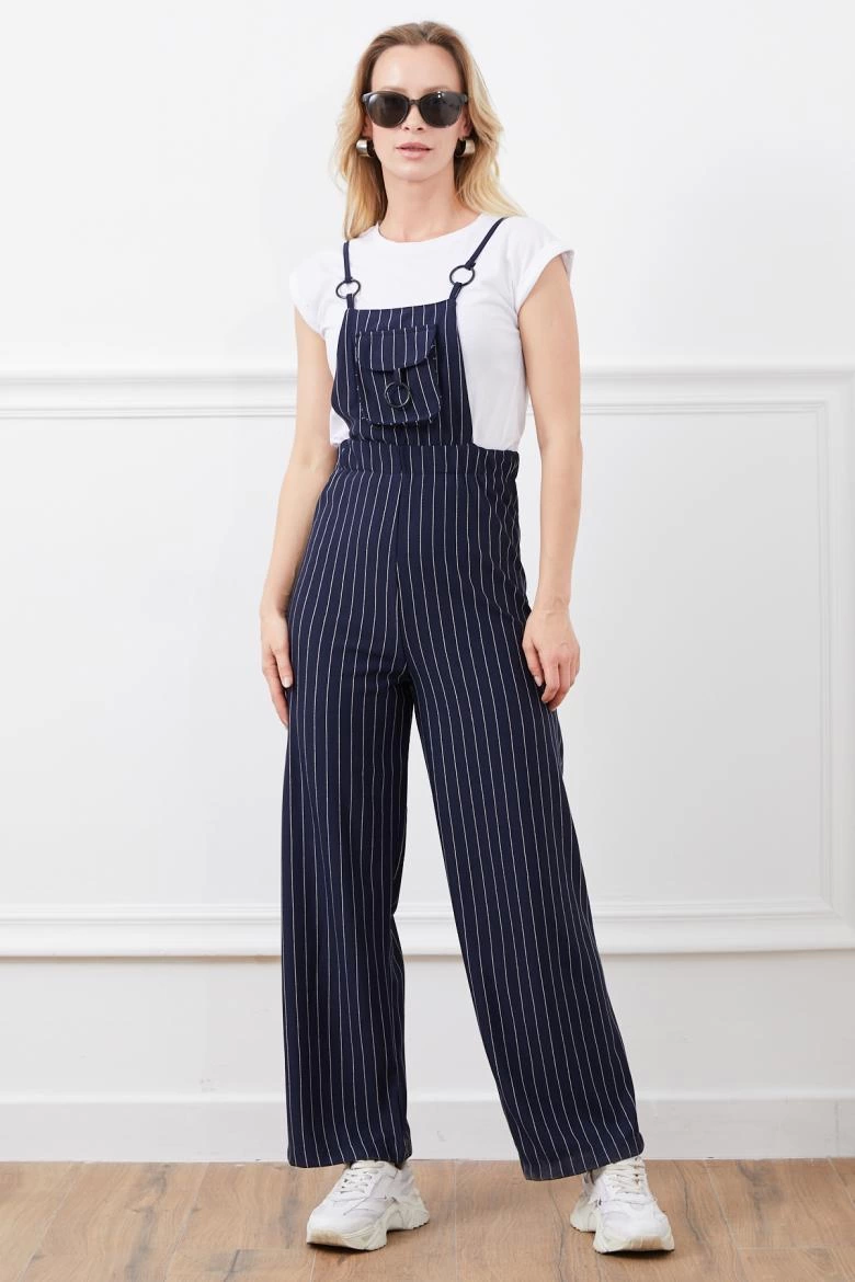 Elastic Waist Jumpsuit with Suspender Rope and Navy Blue