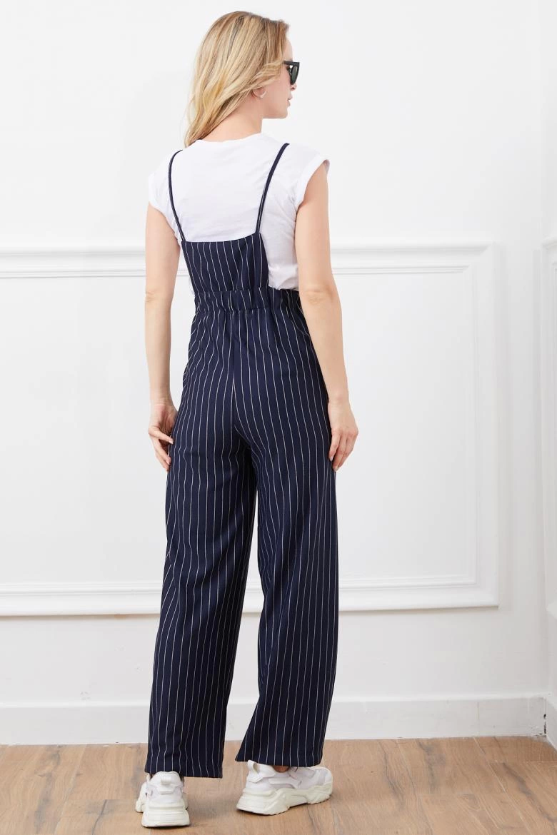 Elastic Waist Jumpsuit with Suspender Rope and Navy Blue