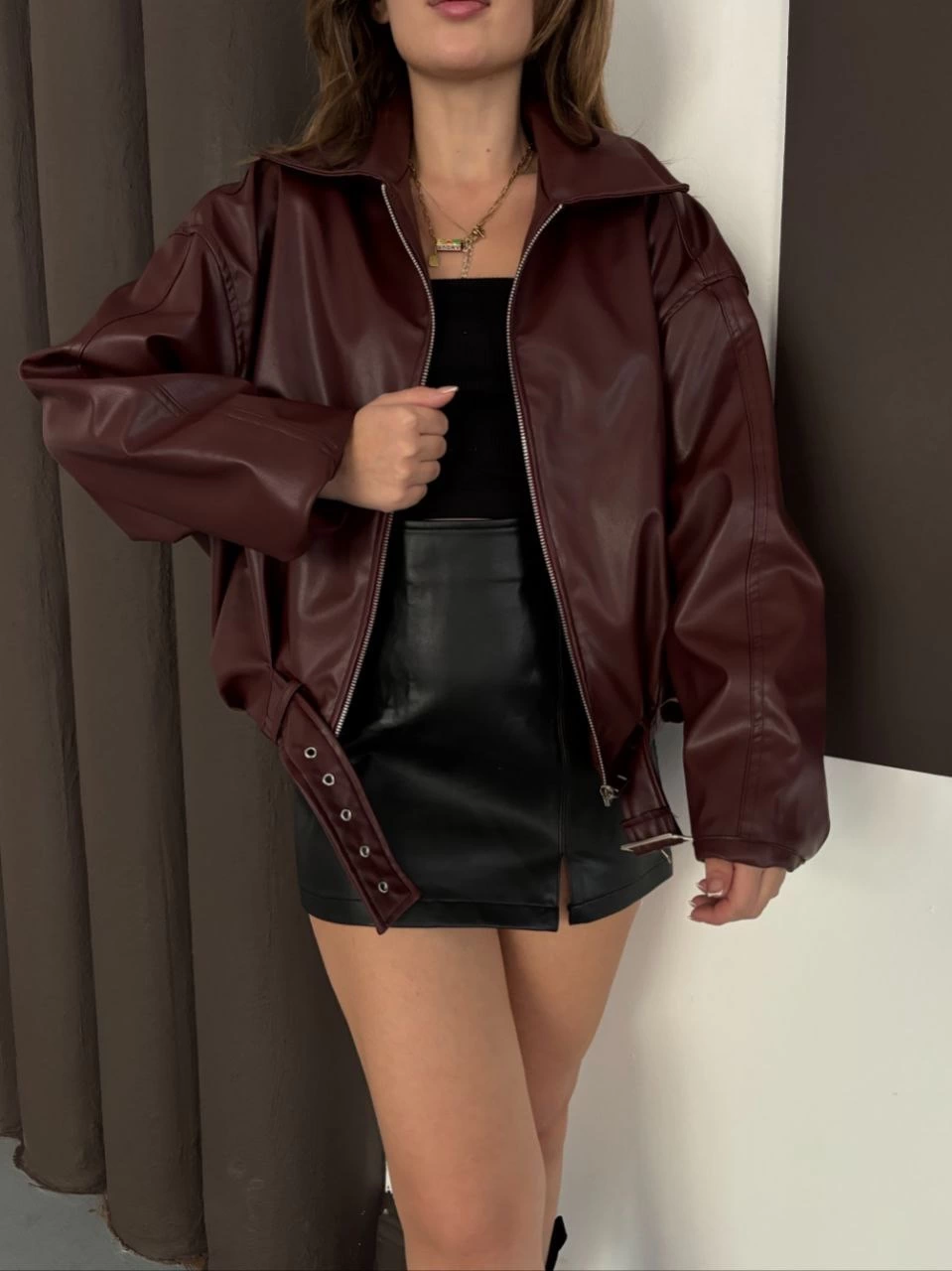 Astarlı Kemerli Bomber Deri Ceket Bordo