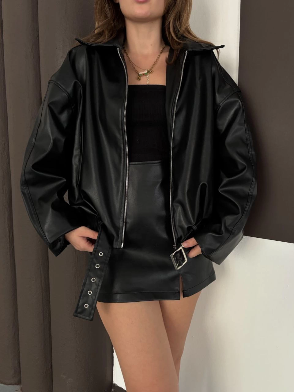 Astarlı Kemerli Bomber Deri Ceket Siyah