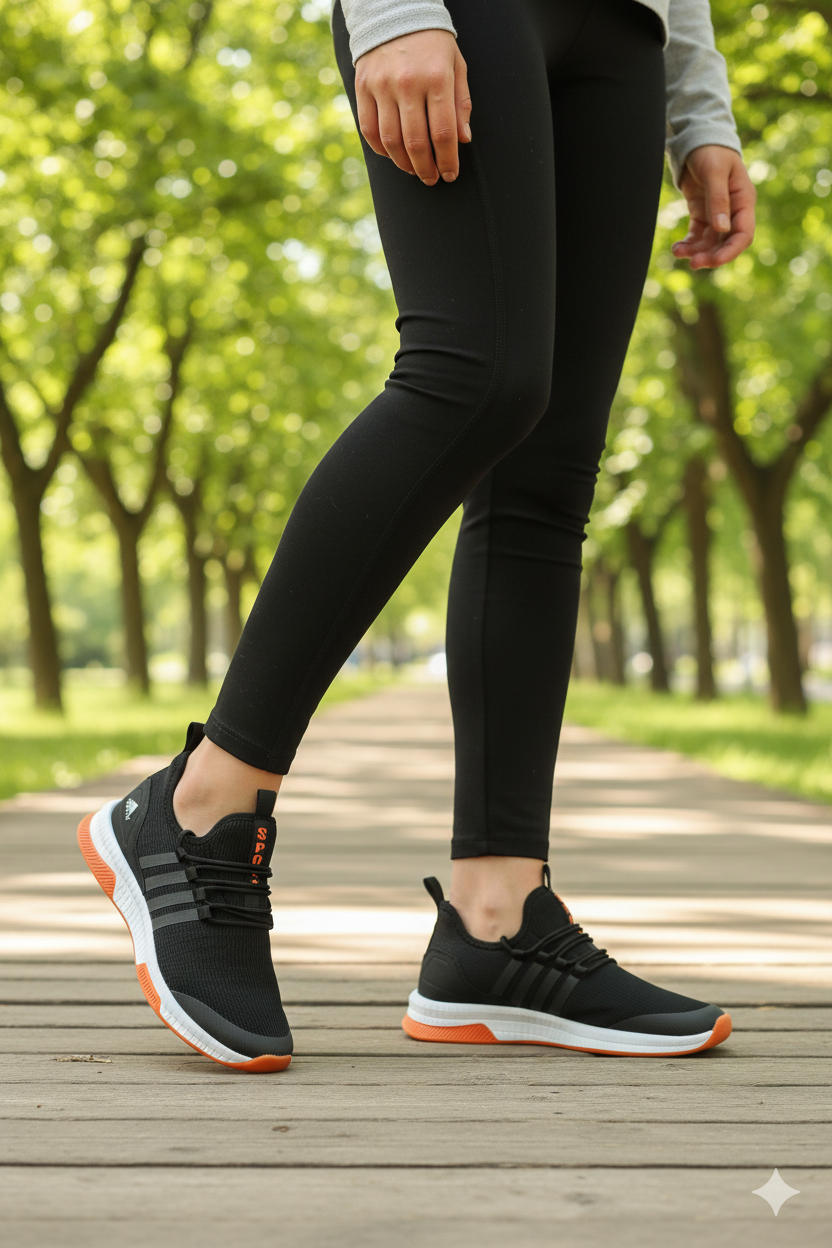 AWIX Ortopedik Unisex Nefes Alan Hafif Spor Yürüyüş Ayakkabı - Siyah Oranj
