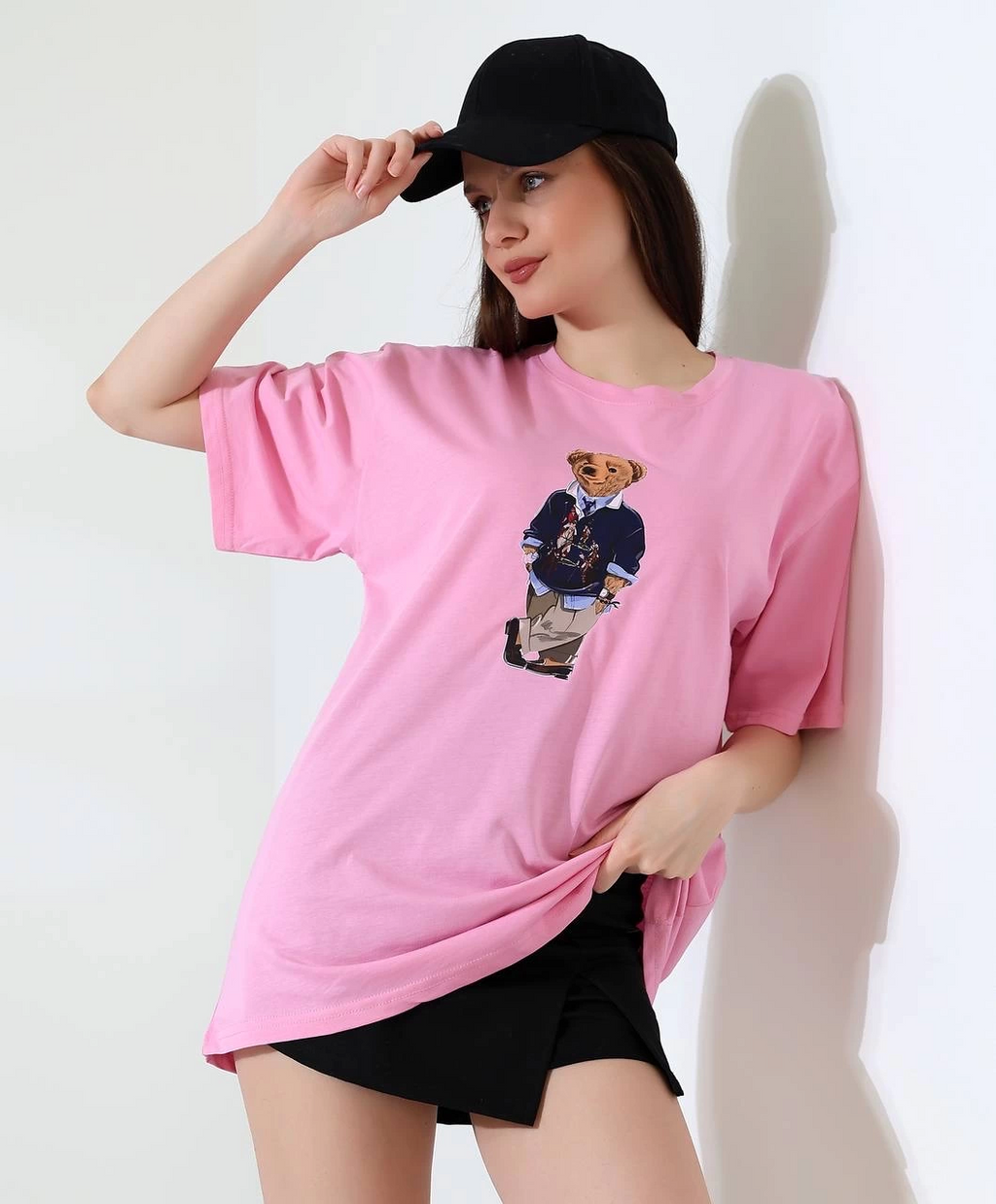Ayıcıklı Oversize Tişört Pembe