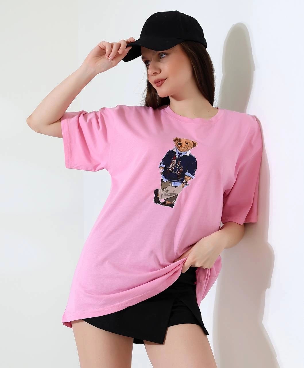 Ayıcıklı Oversize Tişört Pembe
