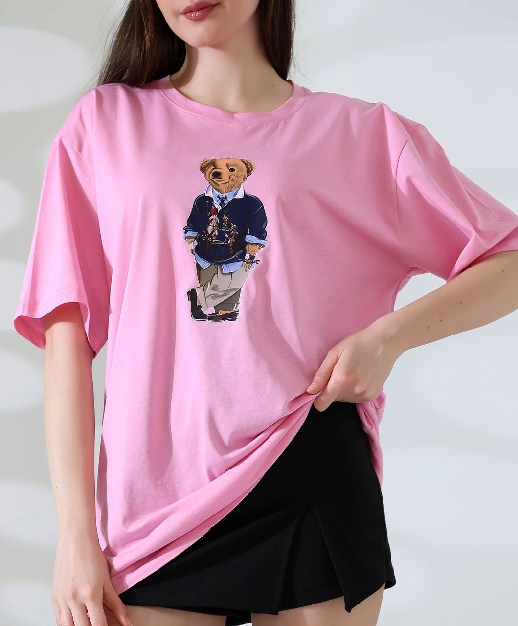 Ayıcıklı Oversize Tişört Pembe
