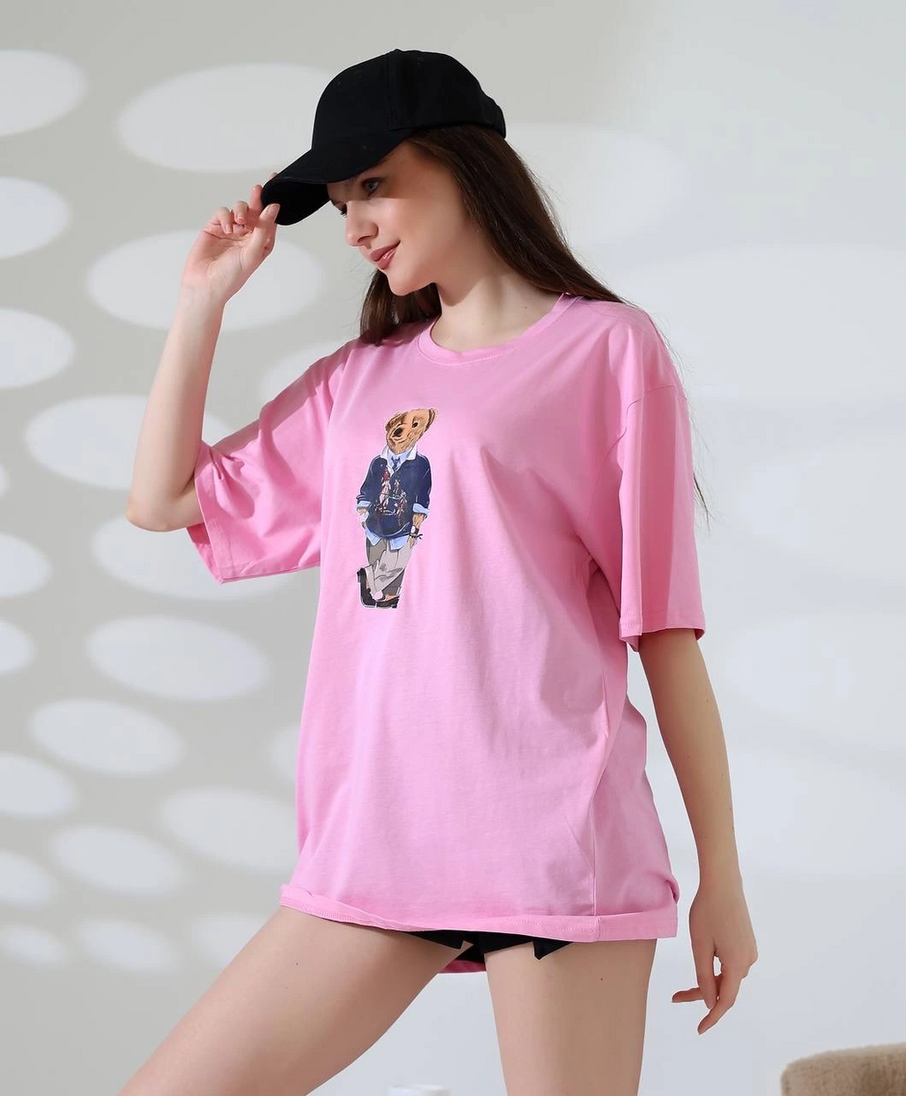 Ayıcıklı Oversize Tişört Pembe