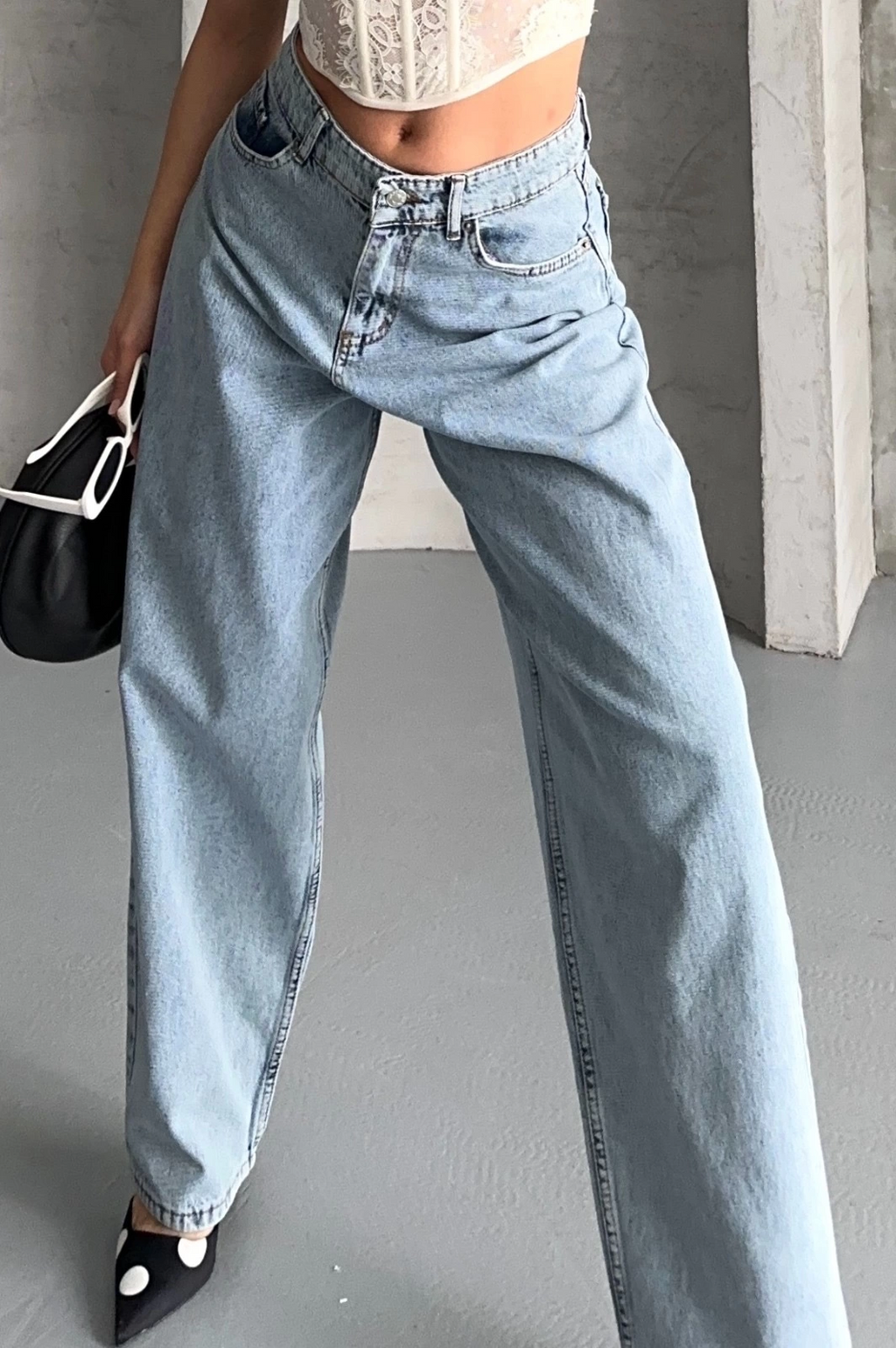 Baggy Kar Yıkama Buz Mavi Jeans Pantolon