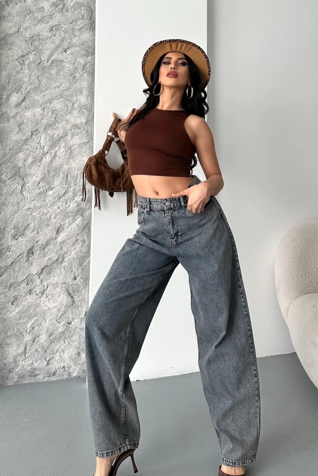 Baggy Kar Yıkama Eskitme Kahve Jeans Pantolon