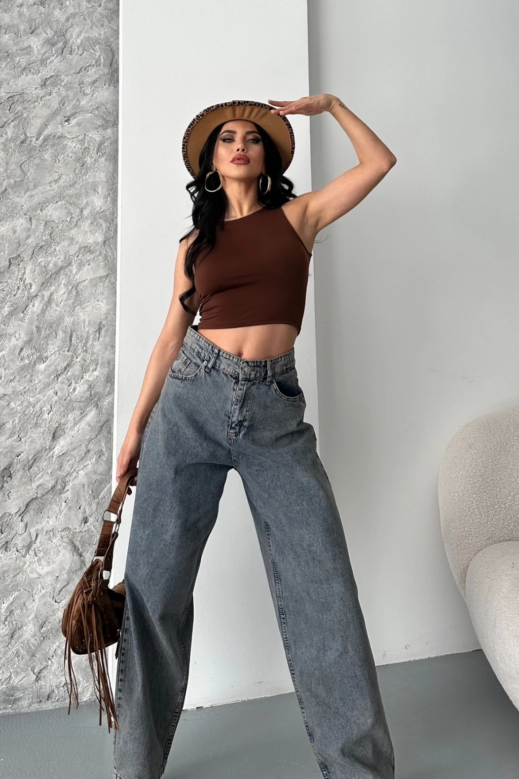 Baggy Kar Yıkama Eskitme Kahve Jeans Pantolon