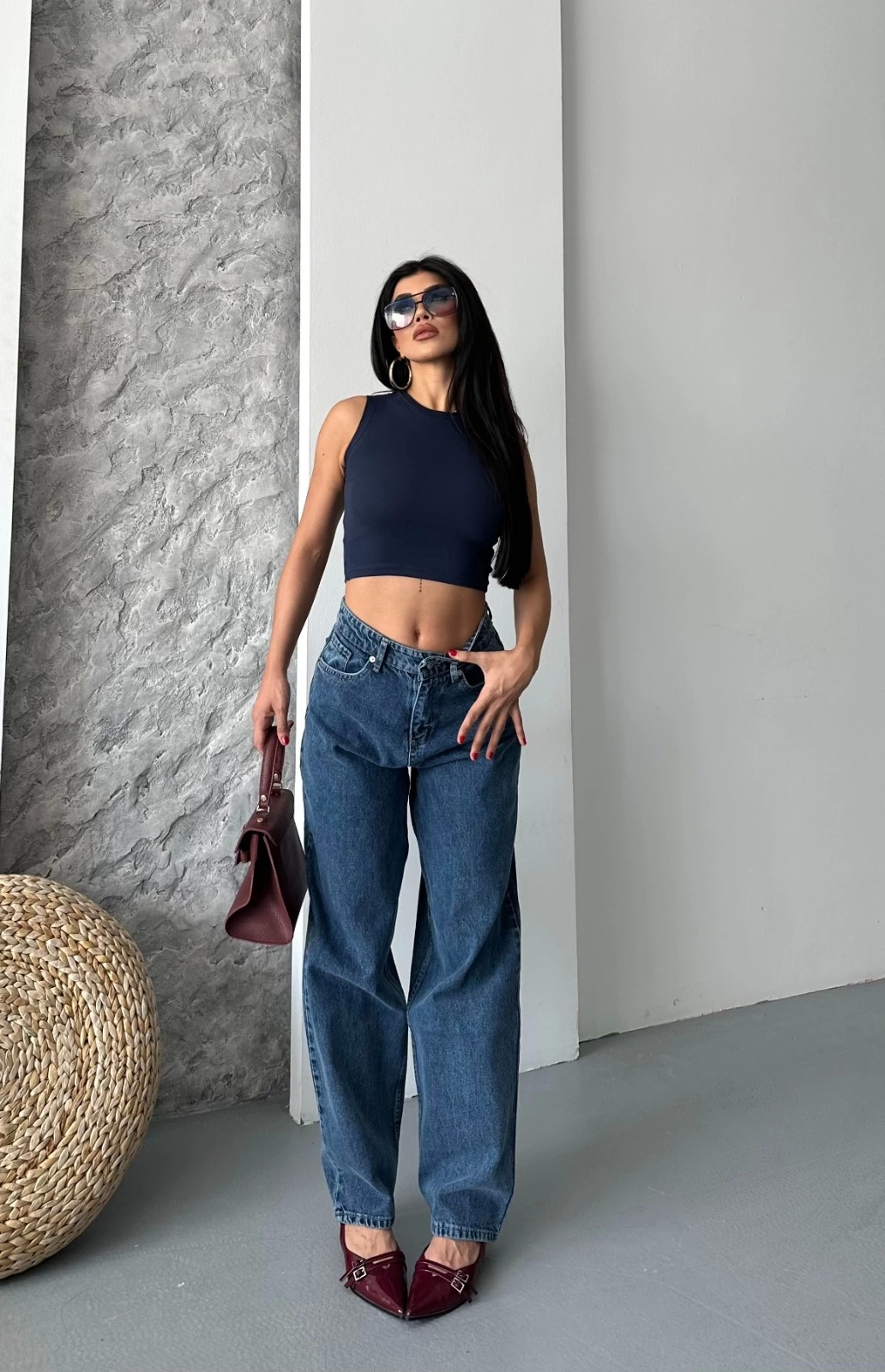 Baggy Kar Yıkama Koyu Mavi Jeans Pantolon