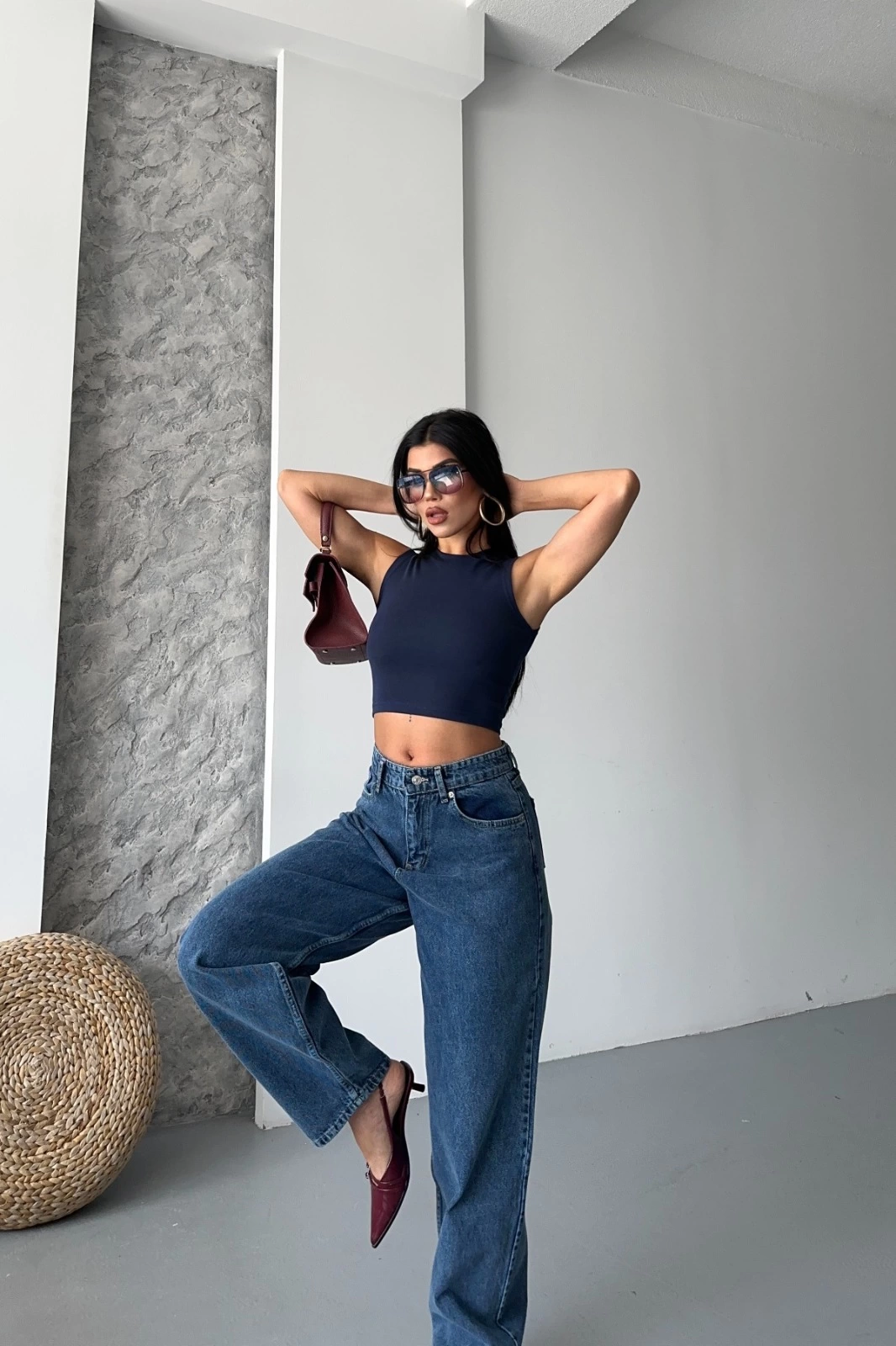 Baggy Kar Yıkama Koyu Mavi Jeans Pantolon