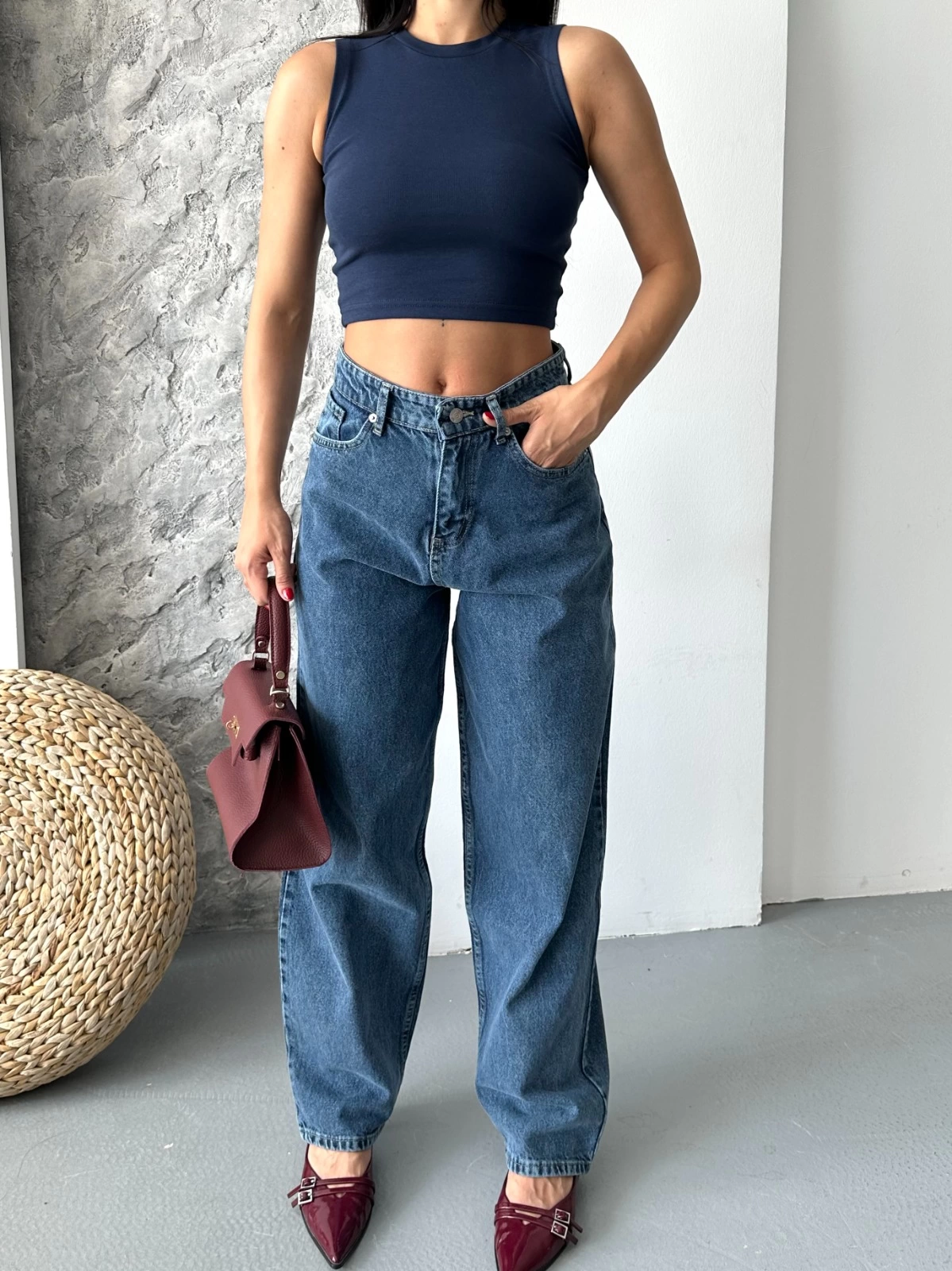 Baggy Kar Yıkama Koyu Mavi Jeans Pantolon
