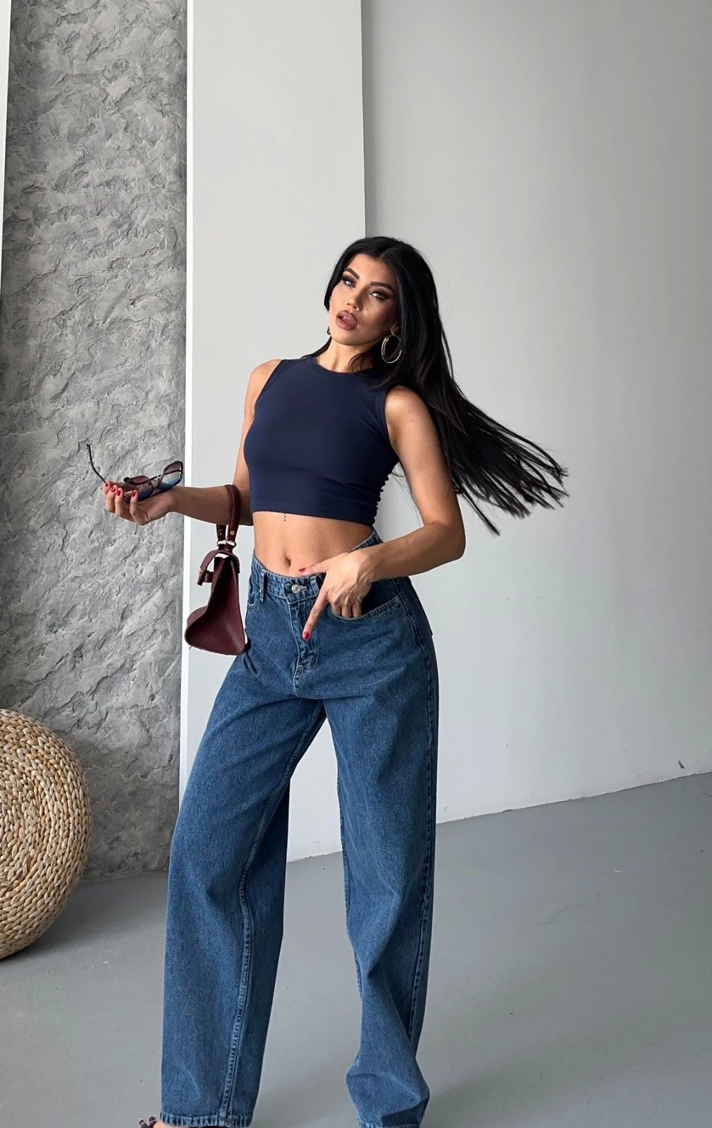 Baggy Kar Yıkama Koyu Mavi Jeans Pantolon