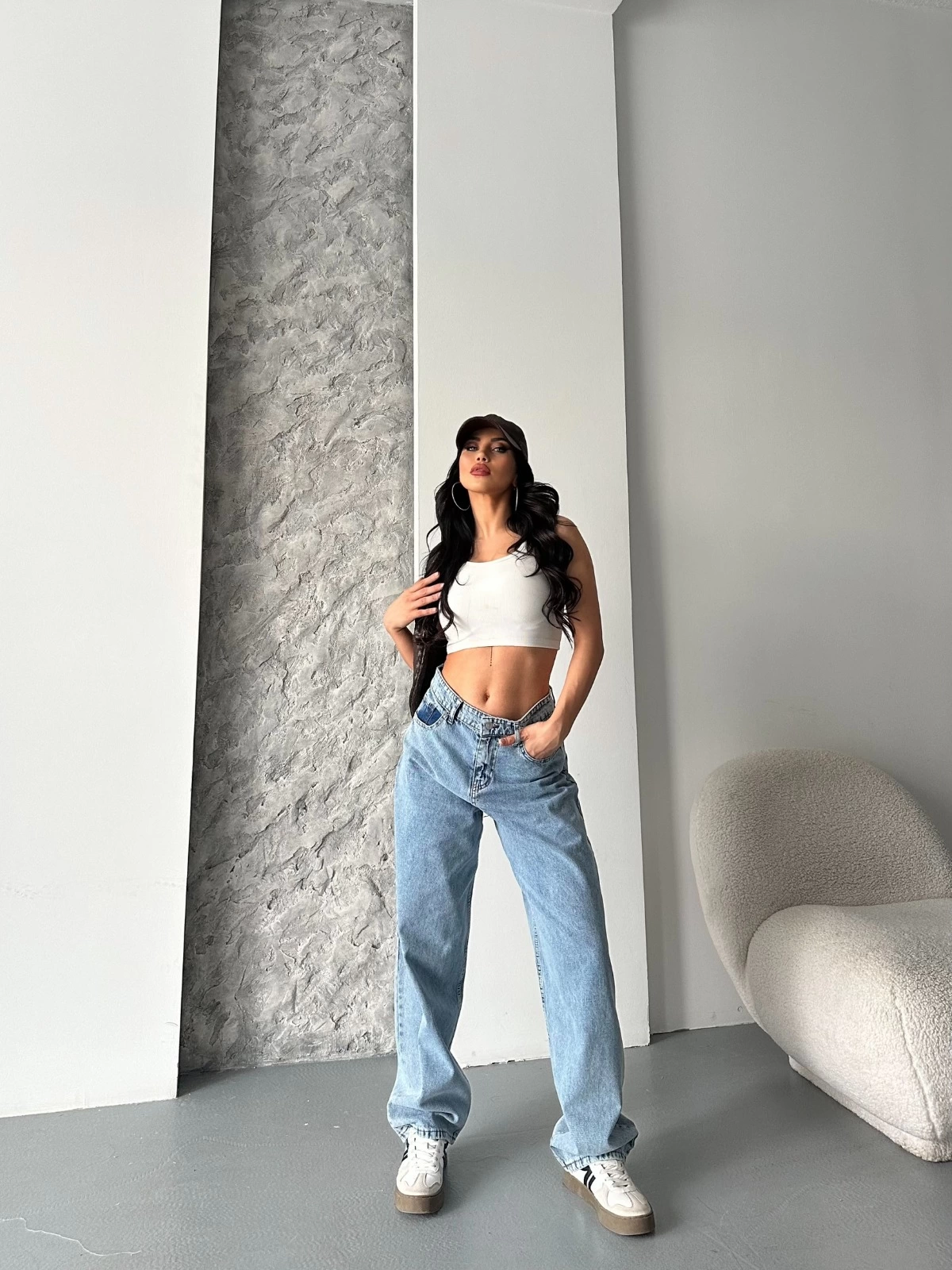 Baggy Kar Yıkama Orta Mavi Jeans Pantolon