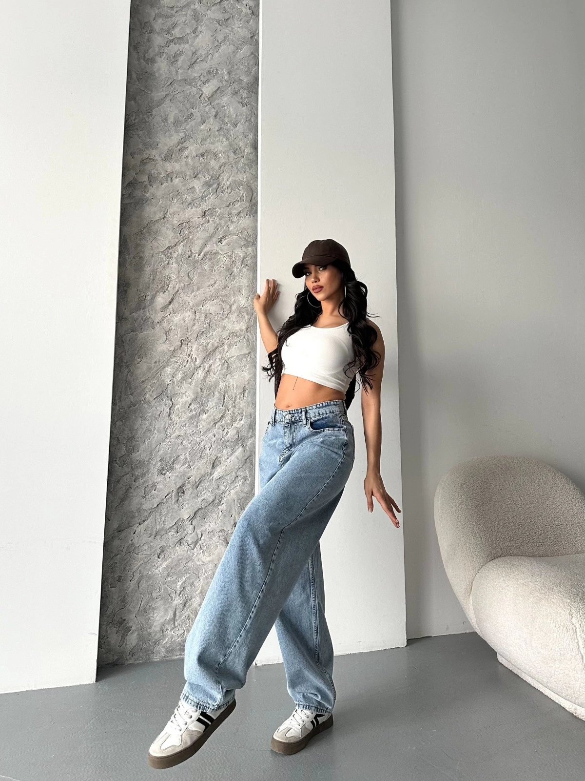 Baggy Kar Yıkama Orta Mavi Jeans Pantolon