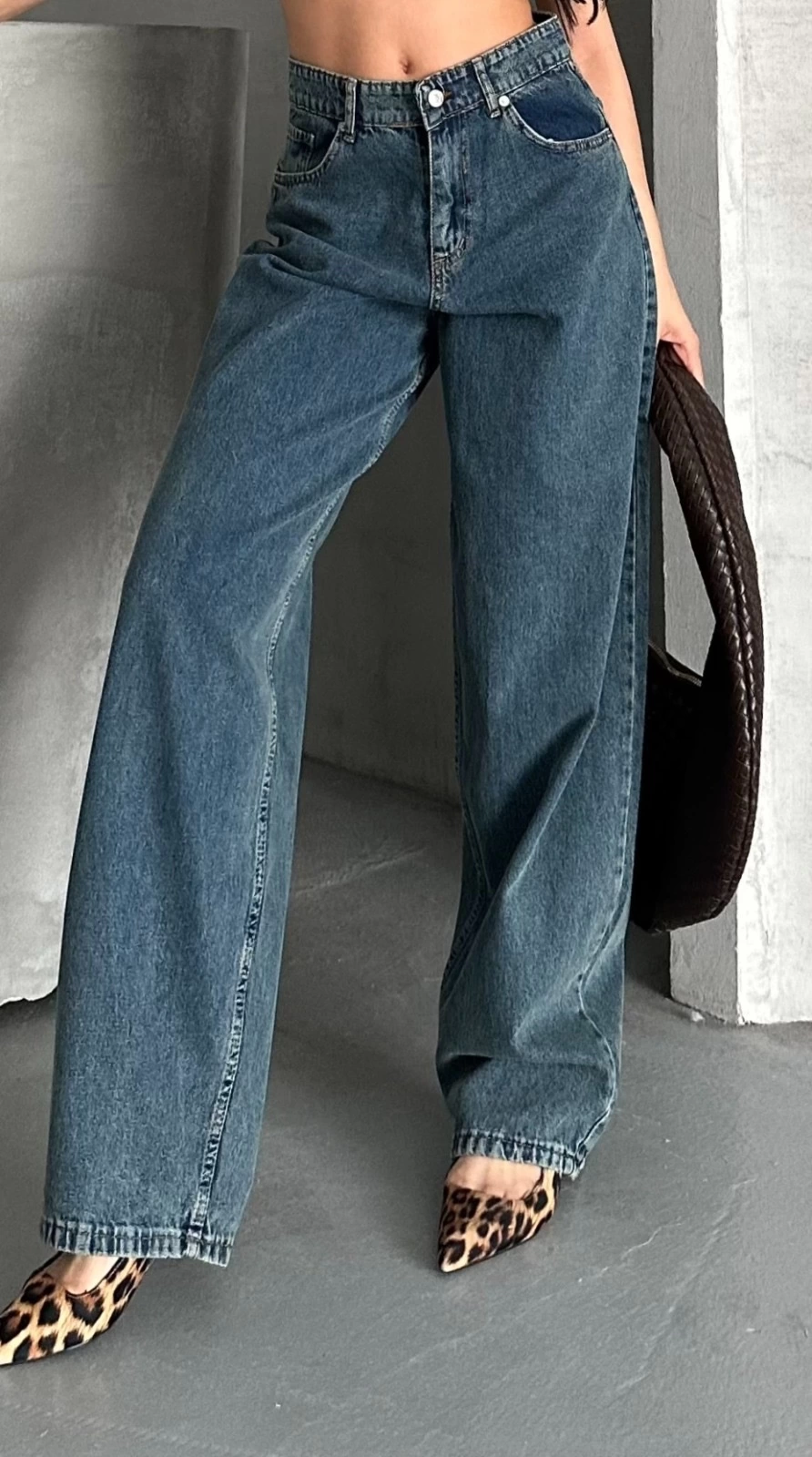 Baggy Kar Yıkama Yeşil Tint Mavi Jeans Pantolon