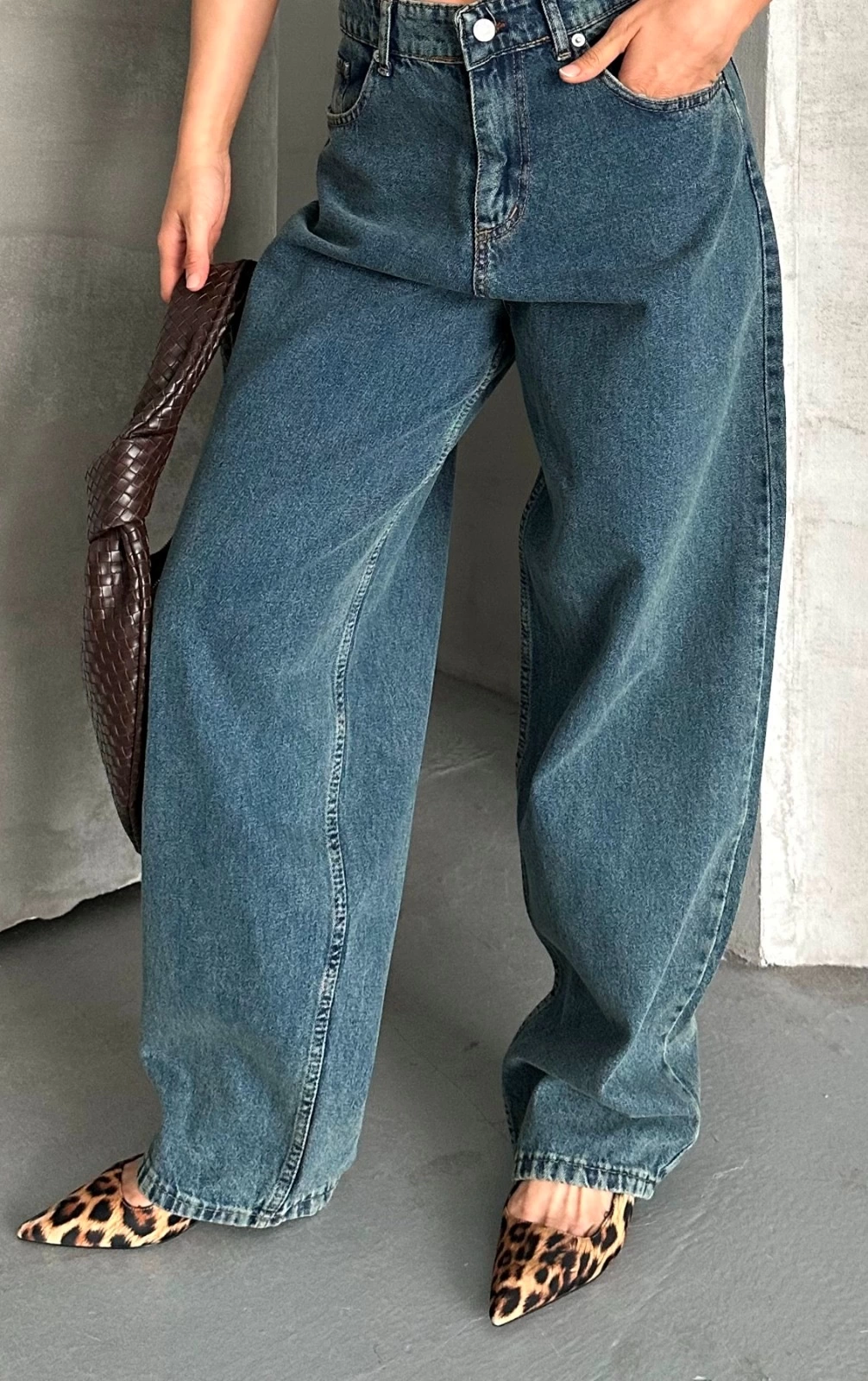 Baggy Kar Yıkama Yeşil Tint Mavi Jeans Pantolon