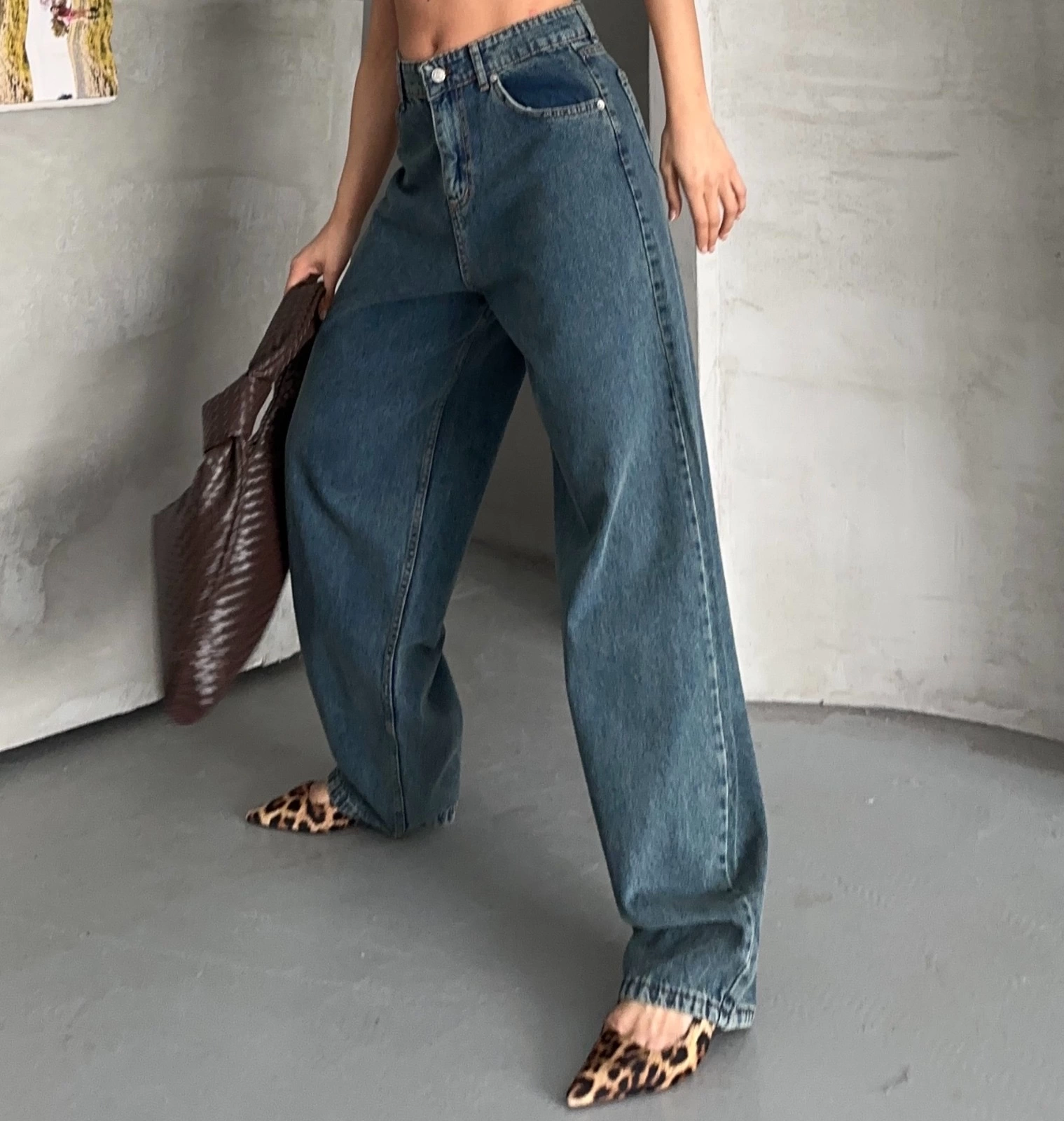 Baggy Kar Yıkama Yeşil Tint Mavi Jeans Pantolon