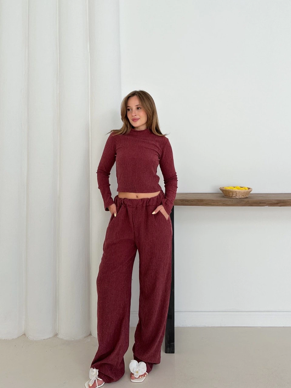 Balıkçı Yaka Örme Alt Üst Takım Bordo