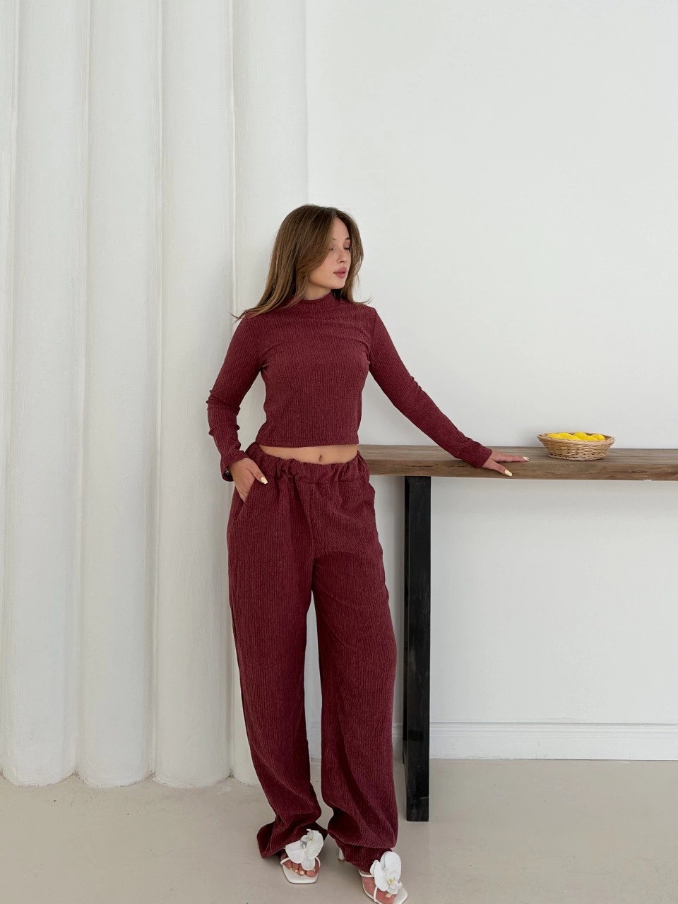 Balıkçı Yaka Örme Alt Üst Takım Bordo