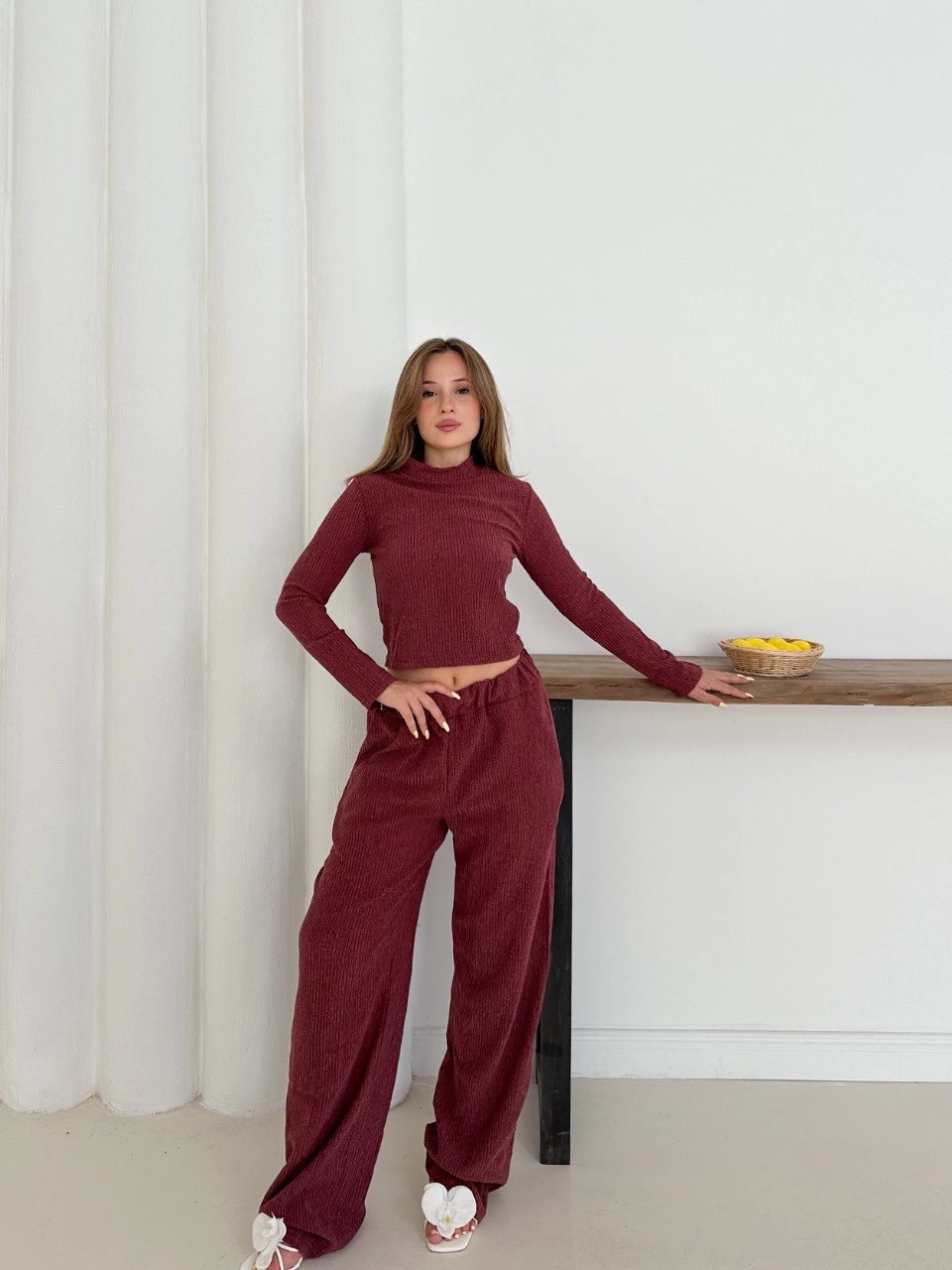 Balıkçı Yaka Örme Alt Üst Takım Bordo