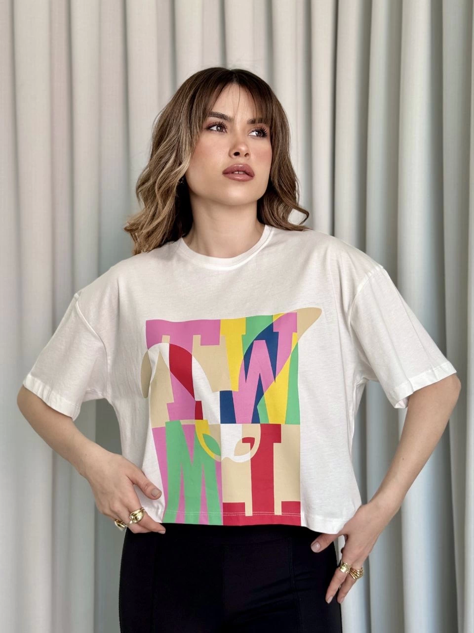 Baskılı Crop Tişört Pembe