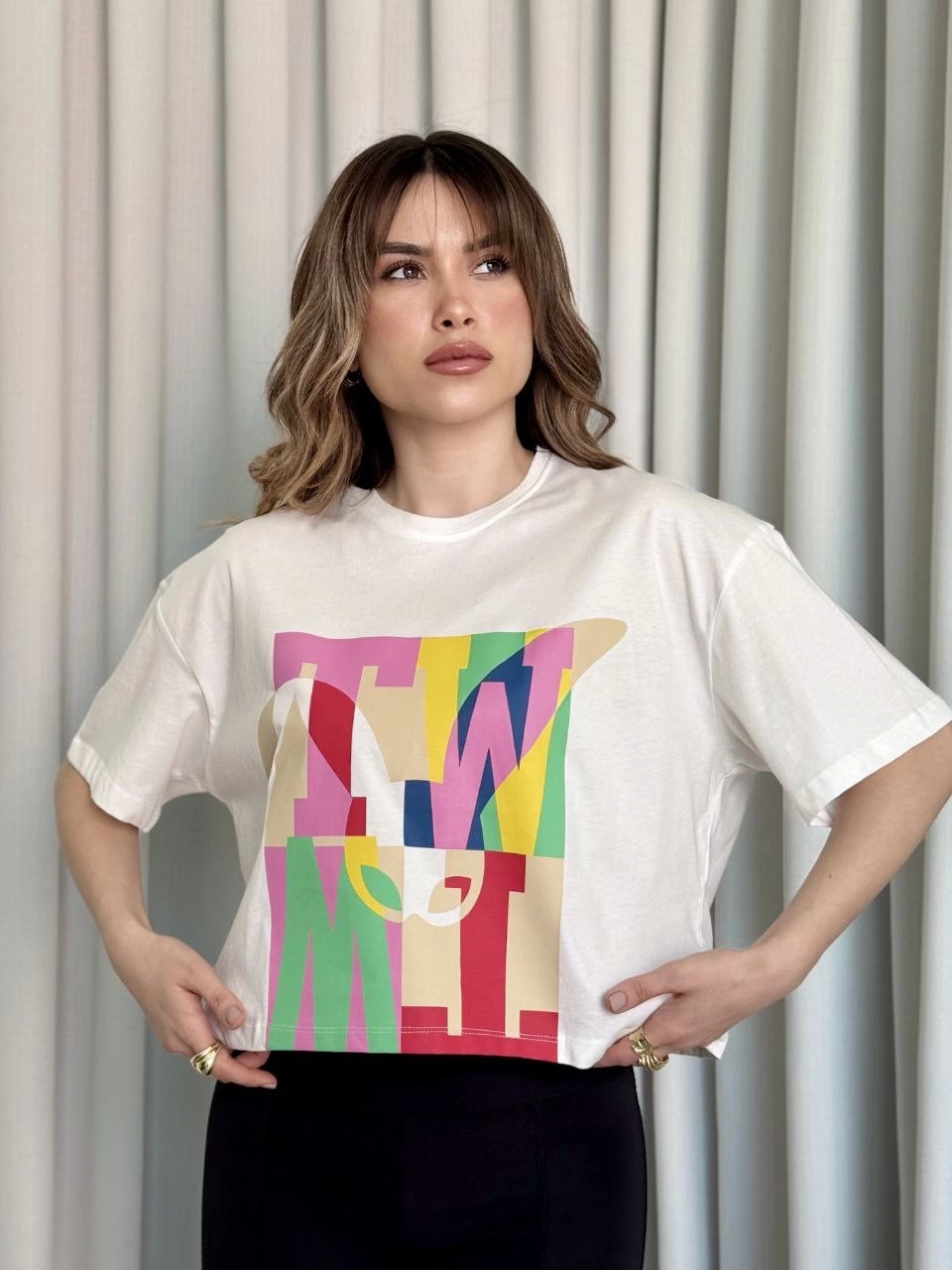 Baskılı Crop Tişört Pembe