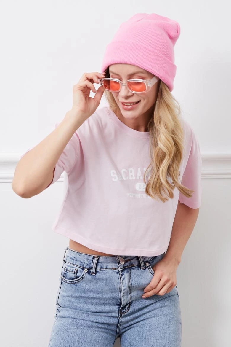 Baskılı Crop Tişört Pembe