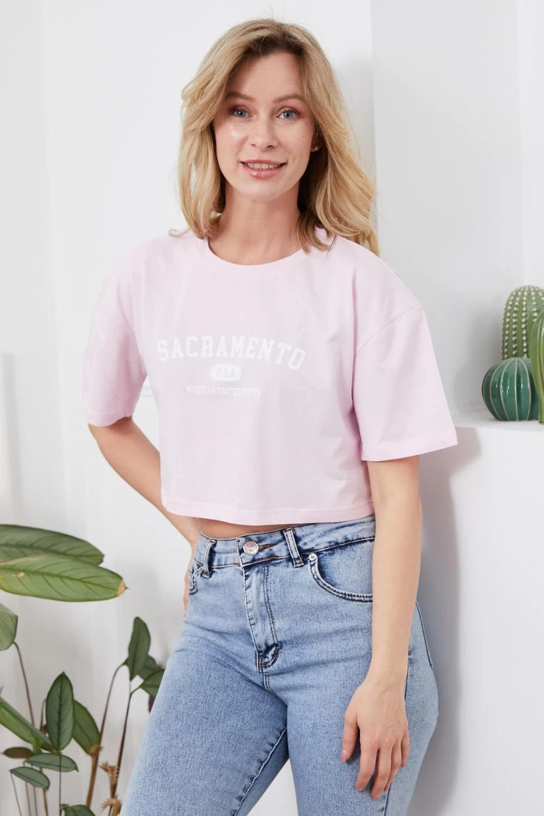 Baskılı Crop Tişört Pembe