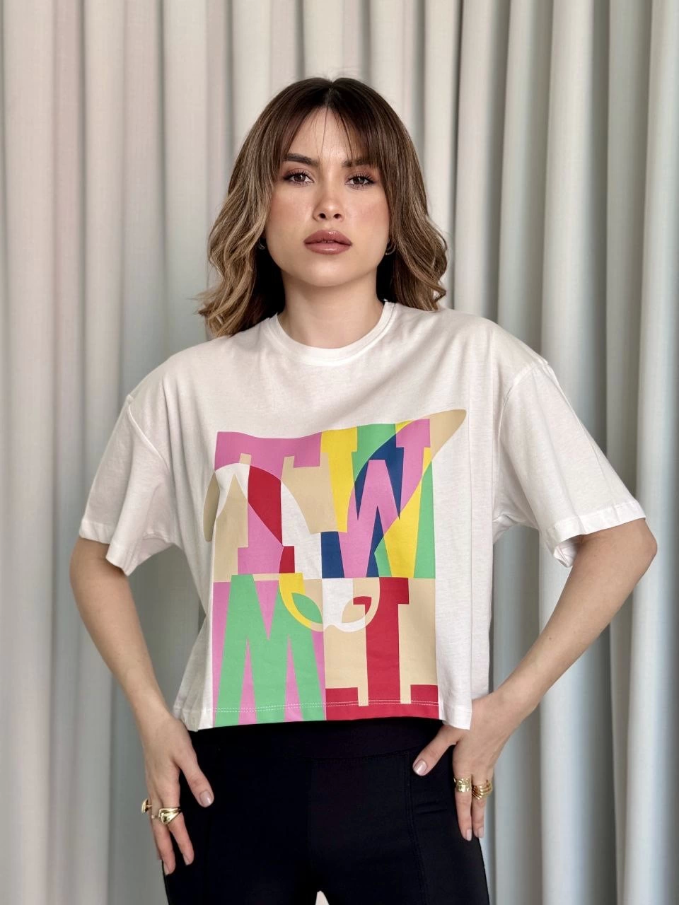 Baskılı Crop Tişört Pembe