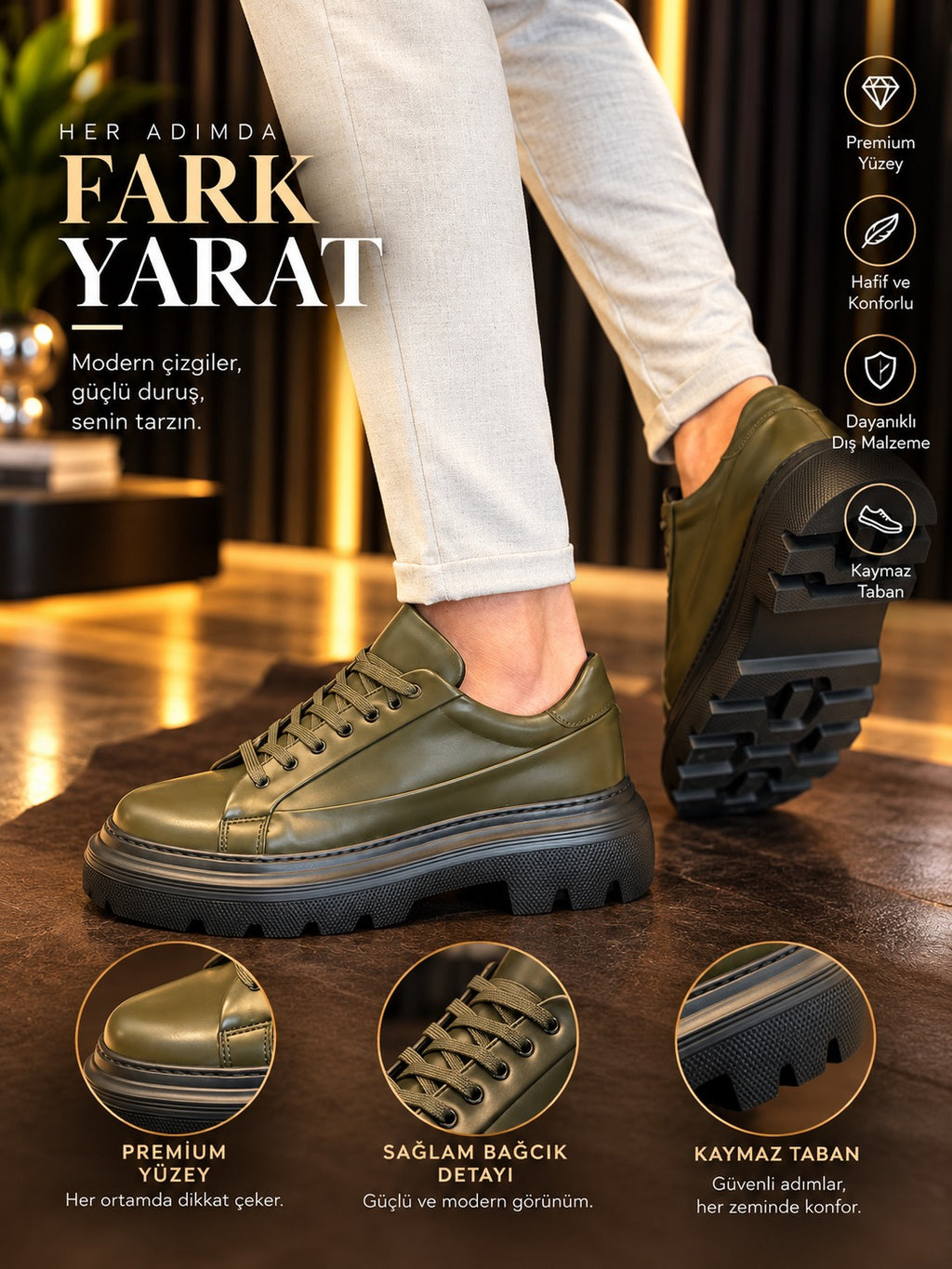 ZRK-X24 Premium Haki Vegan Deri Yüksek Taban Erkek Günlük Klasik Ayakkabı
