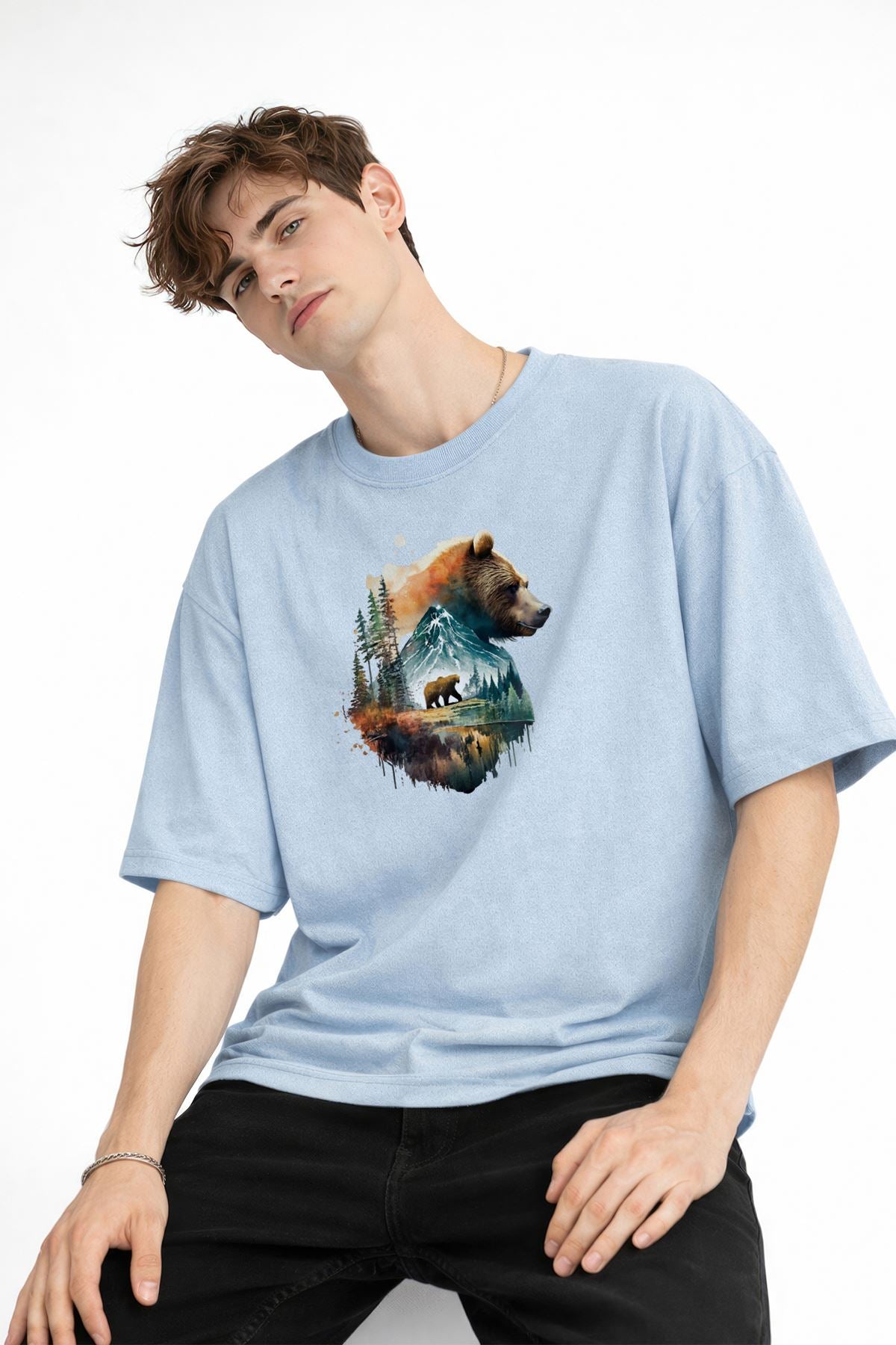 Bear2 - Premium Pamuklu Kumaş Oversize Unisex Tişört Bebe Mavisi