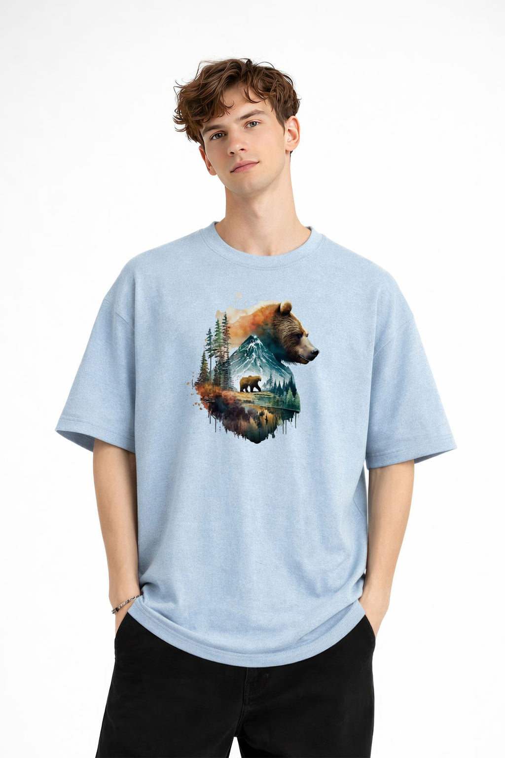 Bear2 - Premium Pamuklu Kumaş Oversize Unisex Tişört Bebe Mavisi