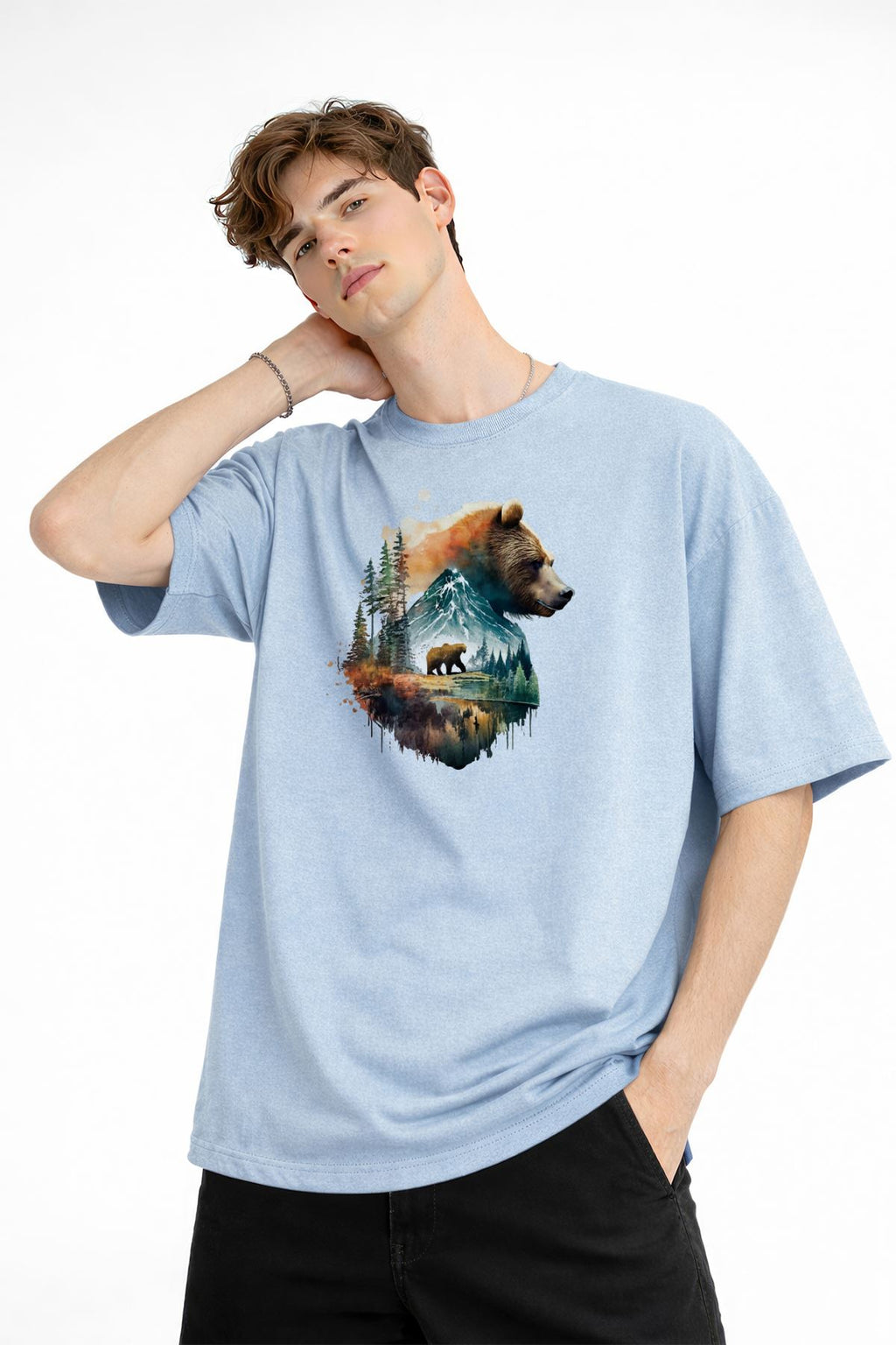 Bear2 - Premium Pamuklu Kumaş Oversize Unisex Tişört Bebe Mavisi