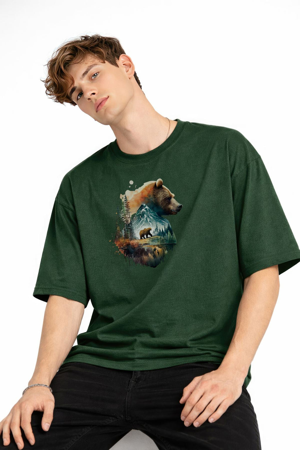 Bear2 - Premium Pamuklu Kumaş Oversize Unisex Tişört Haki