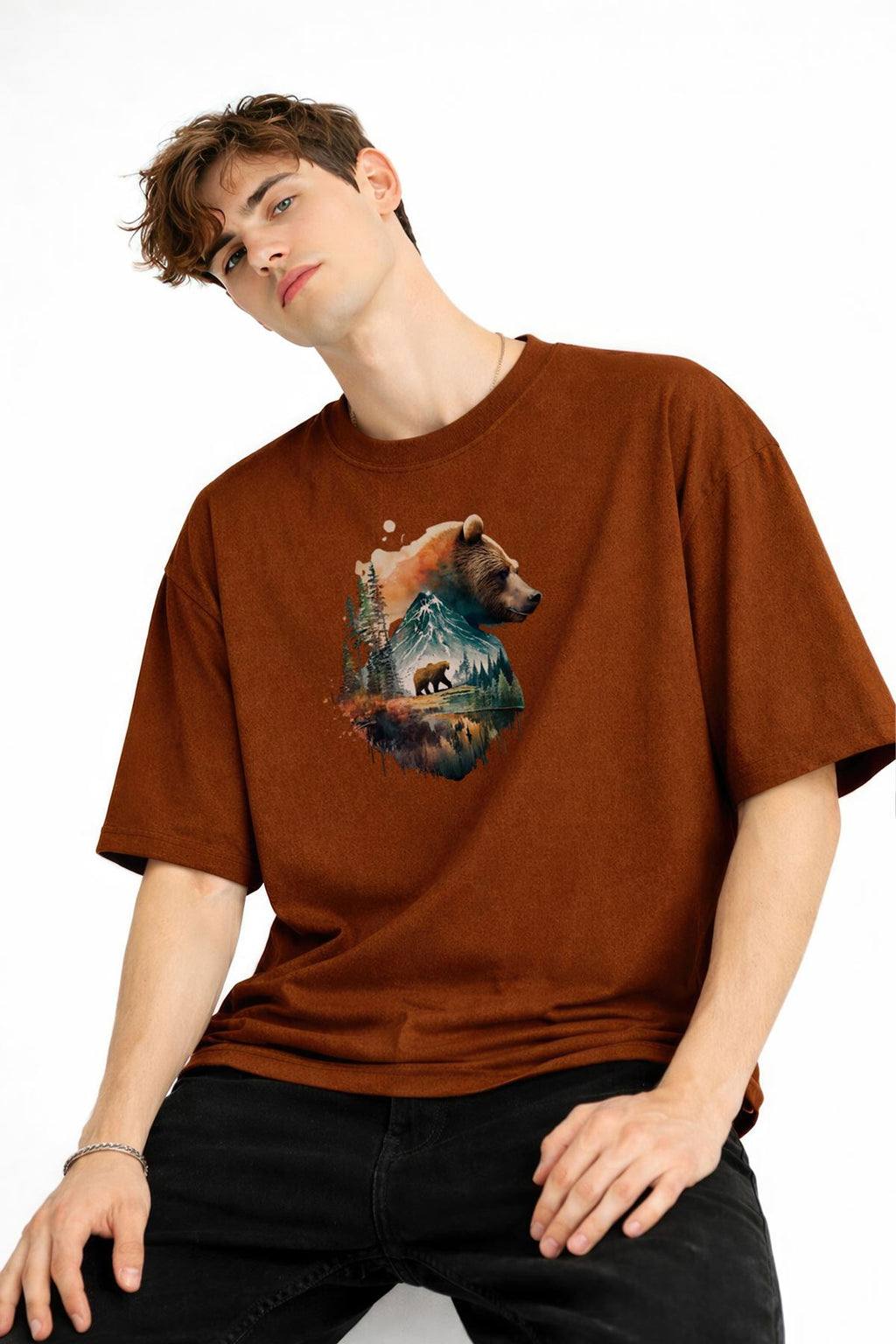 Bear2 - Premium Pamuklu Kumaş Oversize Unisex Tişört Kahve
